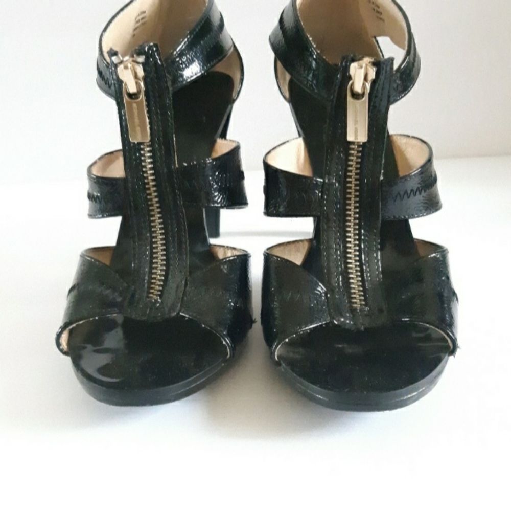 Micheal Kors Black and Gold Patent Leather Heeled Sandals
